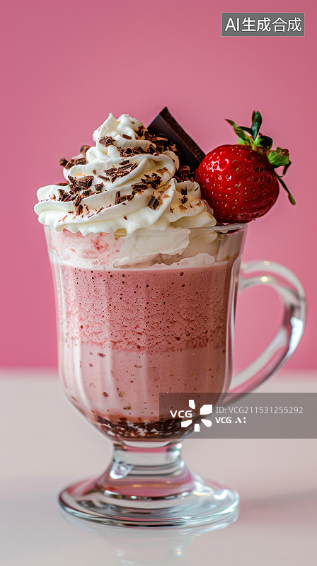 【AI数字艺术】一杯装饰精美的草莓奶昔。奶昔呈粉红色，装在一个带有把手的高脚玻璃杯中。杯子上淋有巧克力酱图片素材