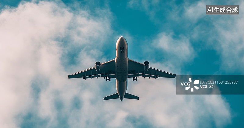 【AI数字艺术】一架私人飞机在飞行的场景。天空被夕阳染成了橙色和黄色，太阳正缓缓落下地平线，云层呈现出温暖的图片素材