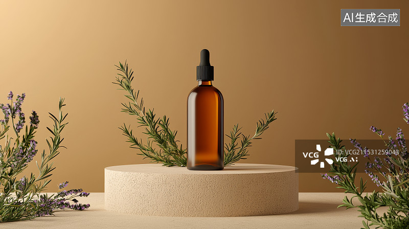 【AI数字艺术】被绿色植物环绕的琥珀色玻璃瓶图片素材