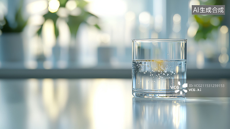 【AI数字艺术】玻璃杯中的清水在光影中的静物特写图片素材