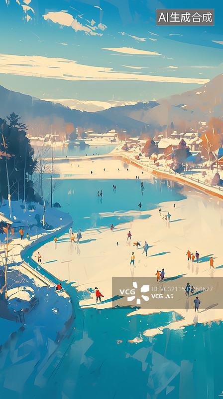 【AI数字艺术】吉卜力画风冬季滑雪溜冰滑冰壁纸海报手绘插画图片素材