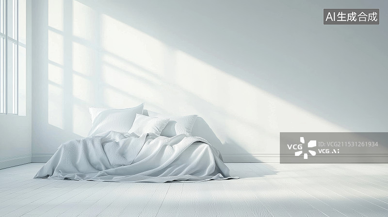 【AI数字艺术】简约卧室白色床品清晨光影图片素材