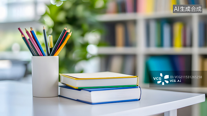 【AI数字艺术】桌上上放着书本的教室图片素材