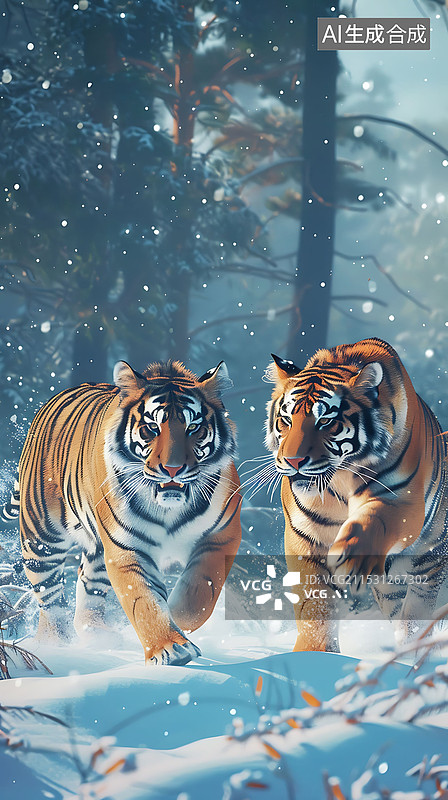 【AI数字艺术】雪地中奔跑的老虎 竖版图片素材