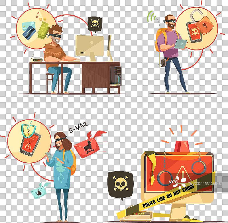 黑客4个复古卡通图标组合图片素材