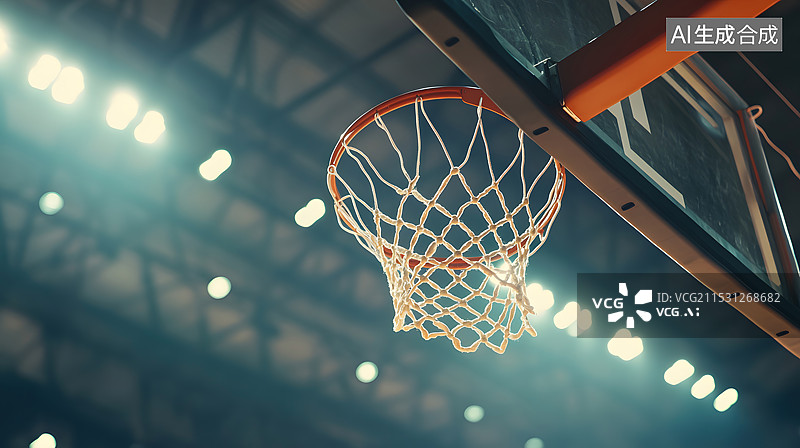 【AI数字艺术】低视角篮球投入篮筐的瞬间图片素材