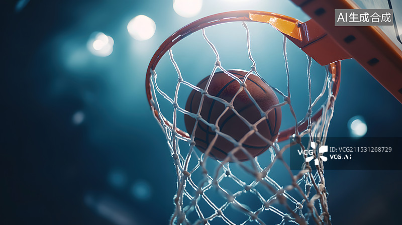 【AI数字艺术】低视角篮球投入篮筐的瞬间图片素材