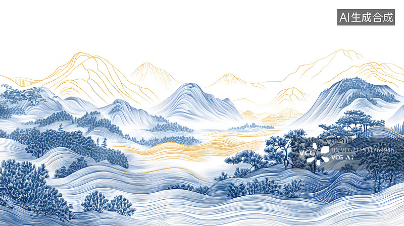 【AI数字艺术】水墨青蓝山水画卷图片素材