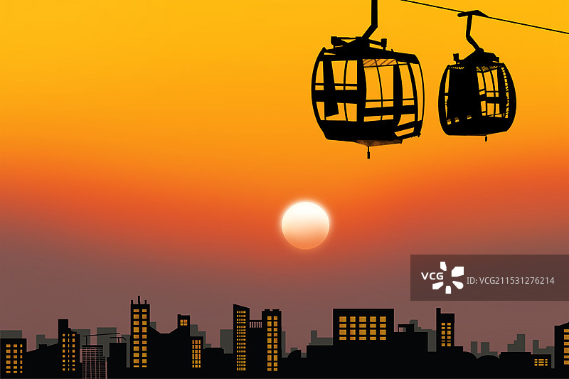 城市上空的落日缆车索道插画图片素材