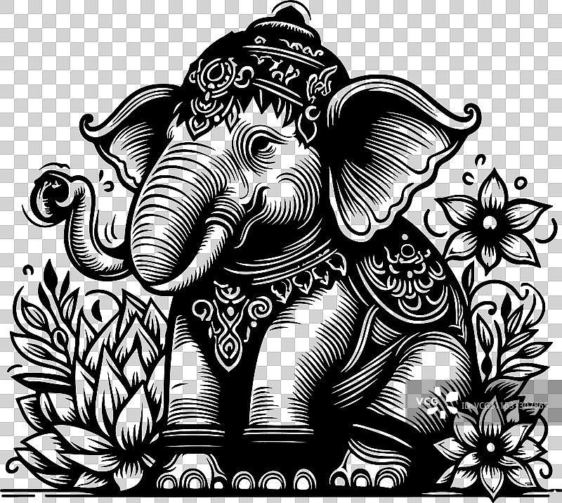 一只大象休息的线条艺术风格，带有3个元素图片素材