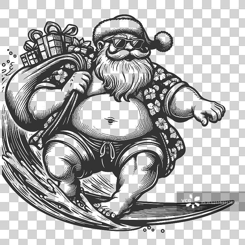 圣诞老人冲浪，穿着夏威夷衬衫，带着礼物图片素材