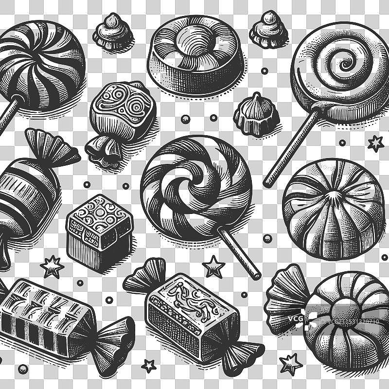 各种复古糖果的雕刻素描图片素材