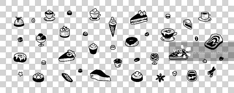 可爱的线条涂鸦甜点套装，包括蛋糕和苹果图片素材