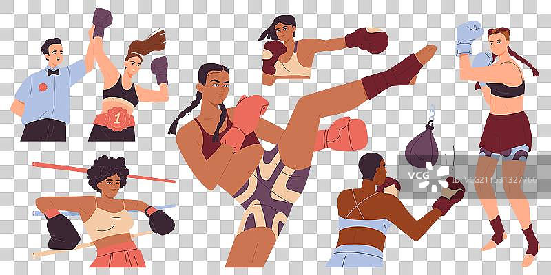 女性拳击手戴着手套进行拳击比赛图片素材