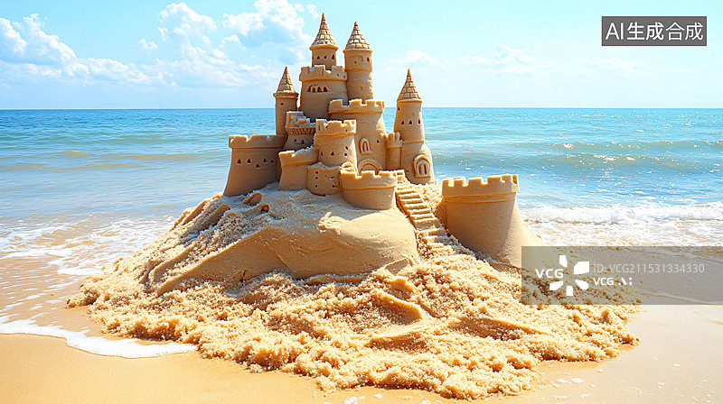 【AI数字艺术】海边沙滩，沙雕城堡图片素材