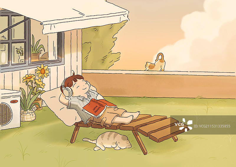 感伤，宠物，猫，休息，日落，屋顶花园，躺椅图片素材