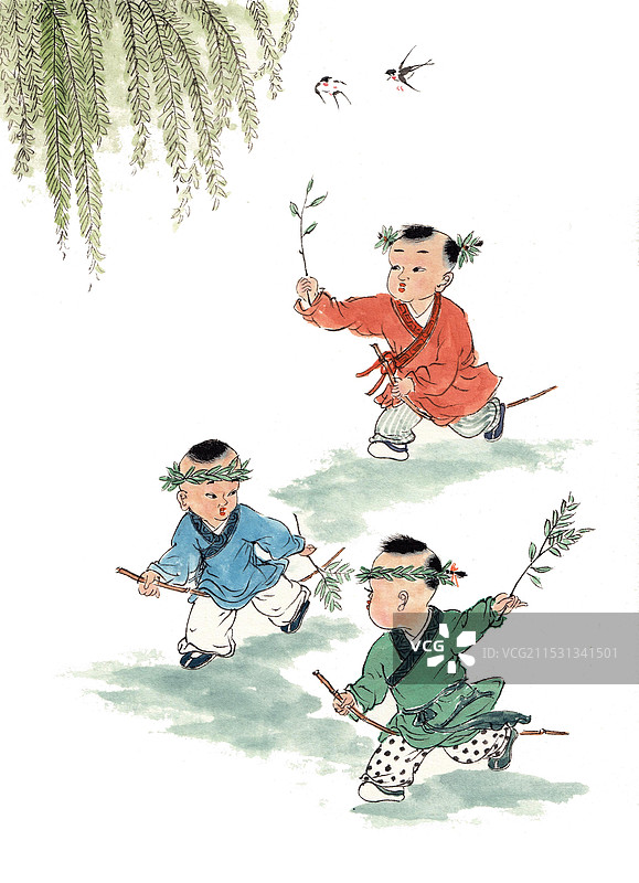 手绘水墨古典儿童游戏童年插画图片素材