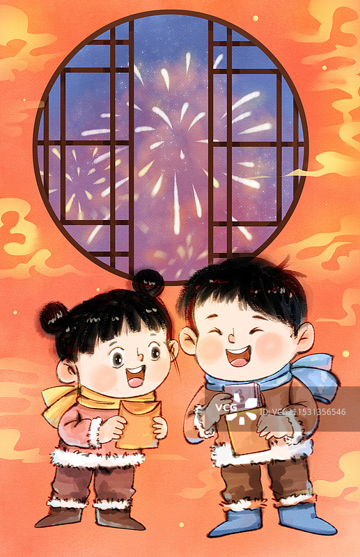 手绘水墨之男孩女孩一起拿着压岁钱治愈系插画图片素材