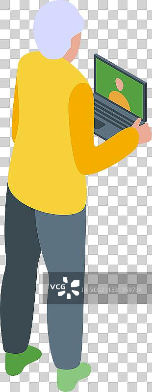 老年女性使用笔记本电脑进行视频通话的等距图形图片素材