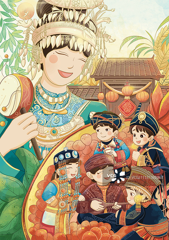 民族团结主题系列插画——和谐篇图片素材