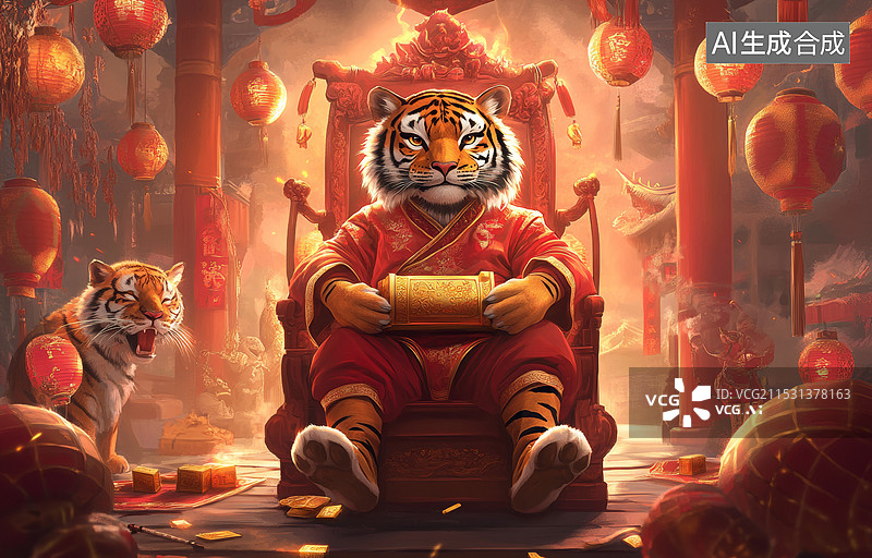 【AI数字艺术】一只老虎在背景是红色的灯笼和盛开的花朵前。整体氛围充满了节日的气息图片素材