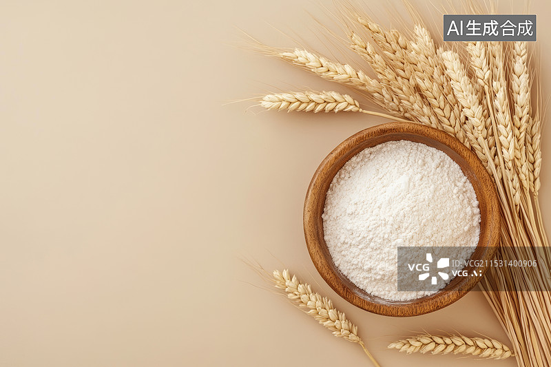 【AI数字艺术】一碗面粉，旁边放着几束麦穗和一把擀面杖。背景是浅色的，整体给人一种温馨、自然的感觉。图片素材