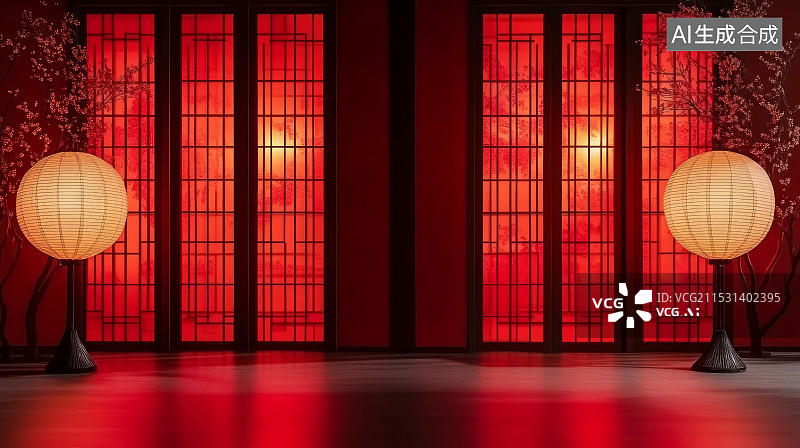 【AI数字艺术】中国风复古屏风门和灯笼红色喜庆展台背景图片素材