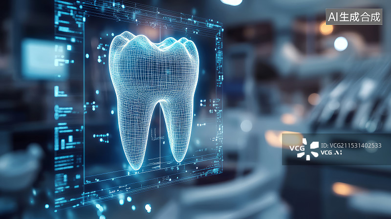 【AI数字艺术】科技感数字化牙齿模型全息图图片素材