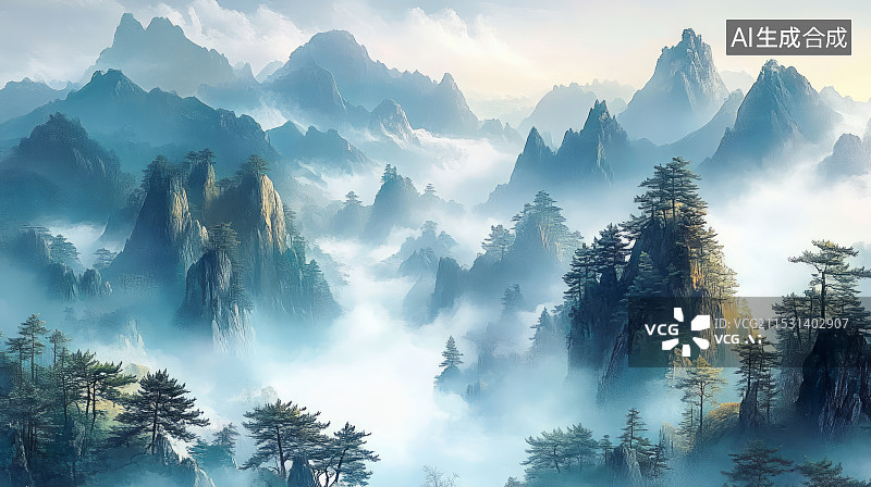 【AI数字艺术】中国风水墨意境高山流水插画图片素材