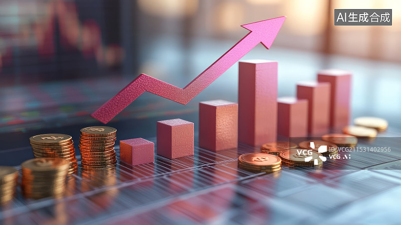 【AI数字艺术】叠起的货币和上升的箭头，金融经济股市增长概念图片素材