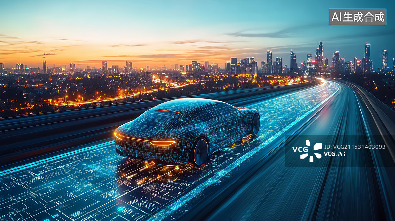 【AI数字艺术】城市公路上行驶的智能汽车，自动驾驶技术概念图片素材