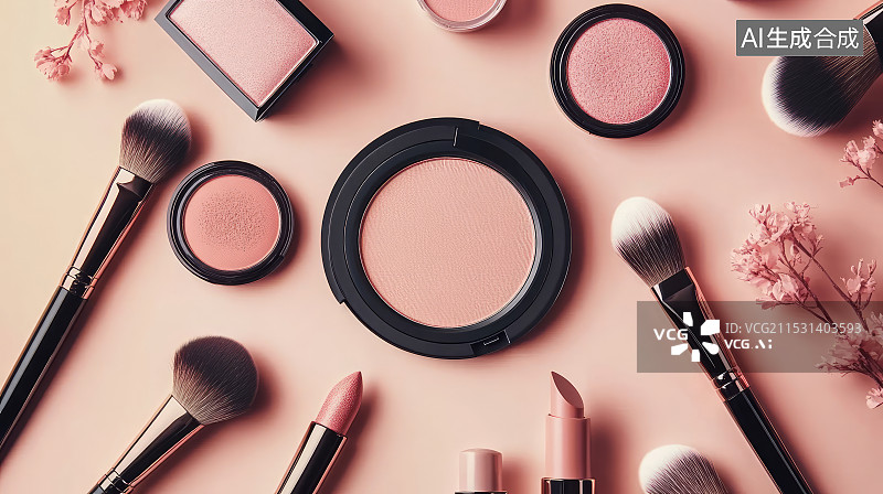 【AI数字艺术】正上方视角各种美妆化妆品摆放在纯色背景图片素材