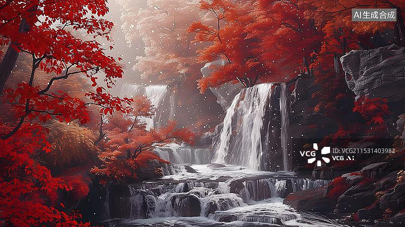 【AI数字艺术】红叶岩石流水瀑布秋季风光图片素材