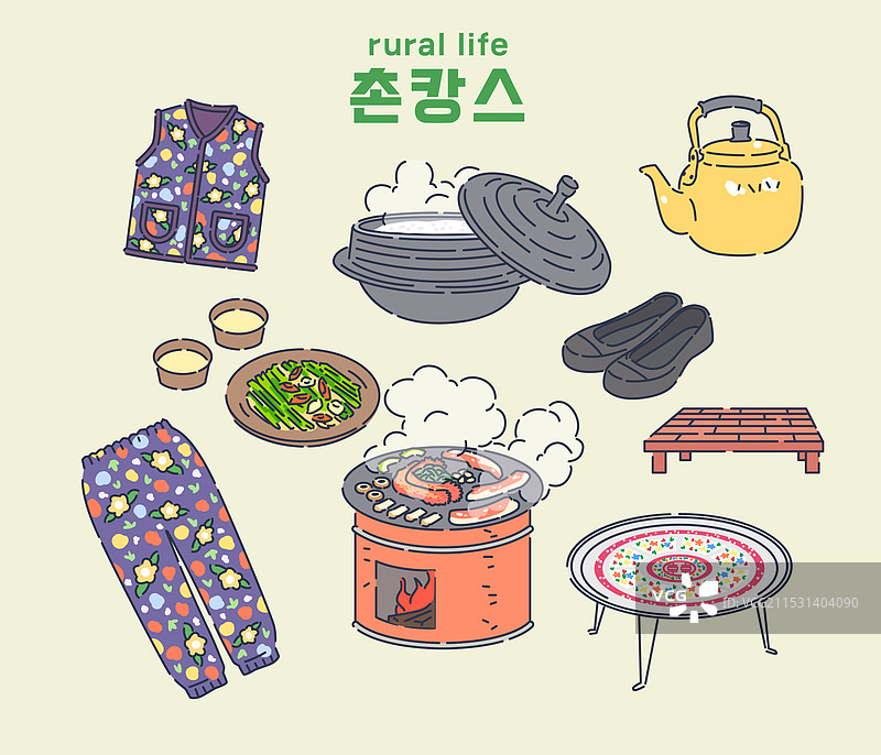 乡村度假，乡村风景，静物，背心，锅，水壶，葱饼，橡胶鞋，锅盖上的五花肉，桌子，餐桌图片素材