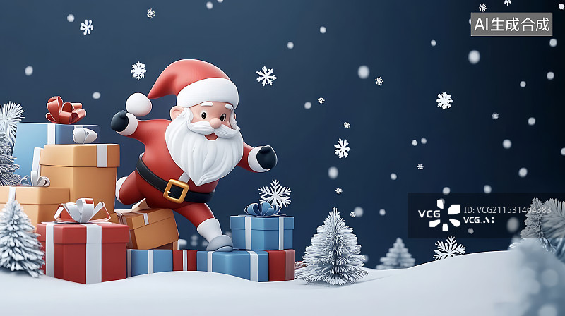 【AI数字艺术】可爱风圣诞老人平安夜派送礼物雪景插画图片素材