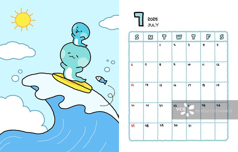 蛇年，蛇，日历，2025，角色，冲浪，海浪，大海，七月，冲浪板图片素材