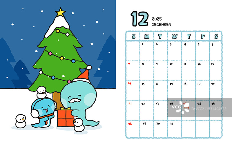 蛇年，蛇，日历，2025年，角色，十二月，圣诞节，圣诞树，雪人，飘落的雪，冬季，圣诞老人图片素材