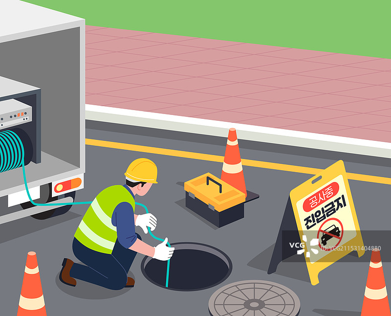 事故，危险，公路，塌陷，安全，损坏，检查井，污水处理厂，禁止进入，锥形路标，研究，工人，地下图片素材