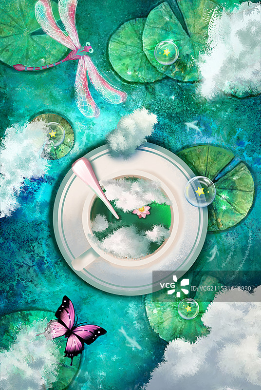 荷花池里面的咖啡杯插画壁纸图片素材