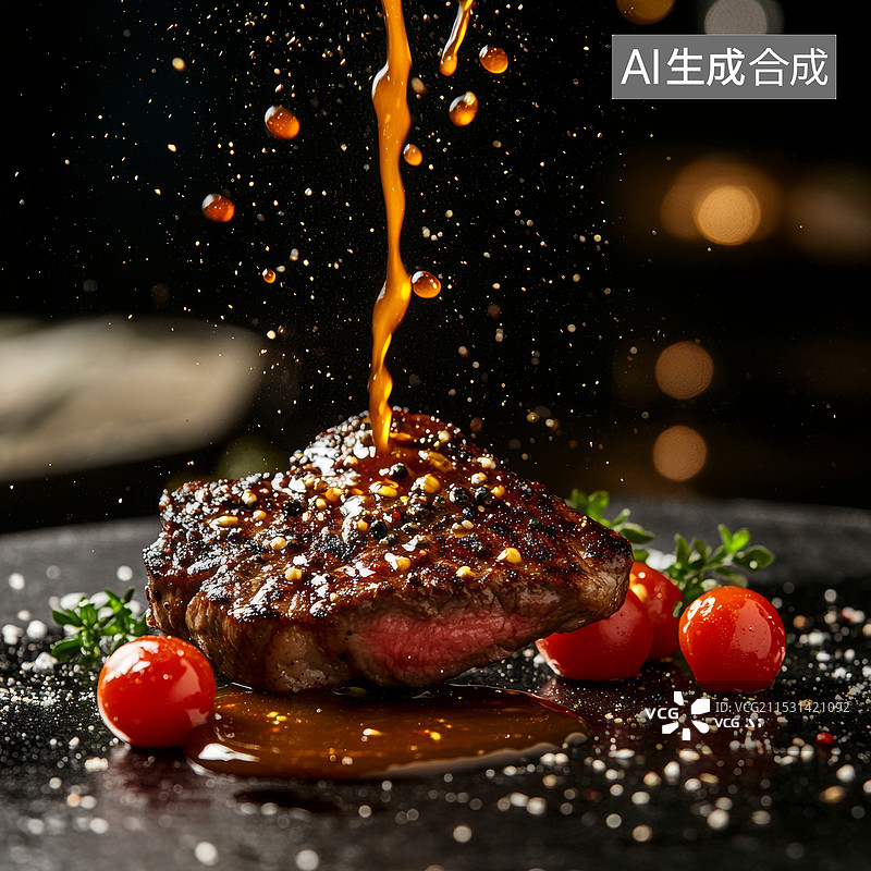 【AI数字艺术】充满活力的美食现场，法式铁板烧牛排，焦糖光泽，树液飞溅，牛排悬空，融化的黄油流淌而下，撒上碎黑胡椒，图片素材