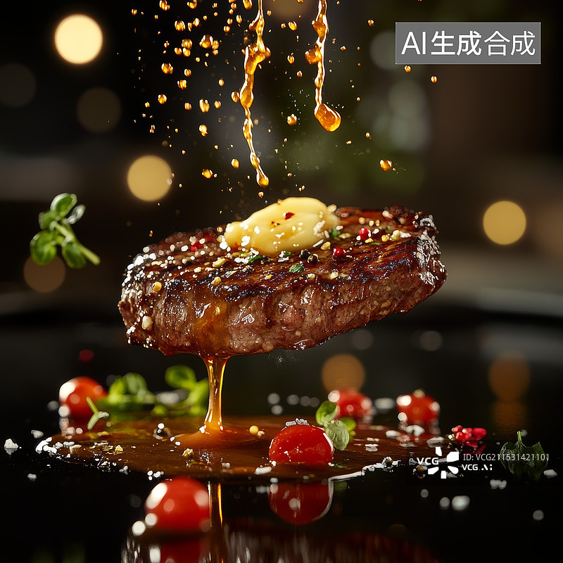 【AI数字艺术】充满活力的美食现场，法式铁板烧牛排，焦糖光泽，树液飞溅，牛排悬空，融化的黄油流淌而下，撒上碎黑胡椒，图片素材