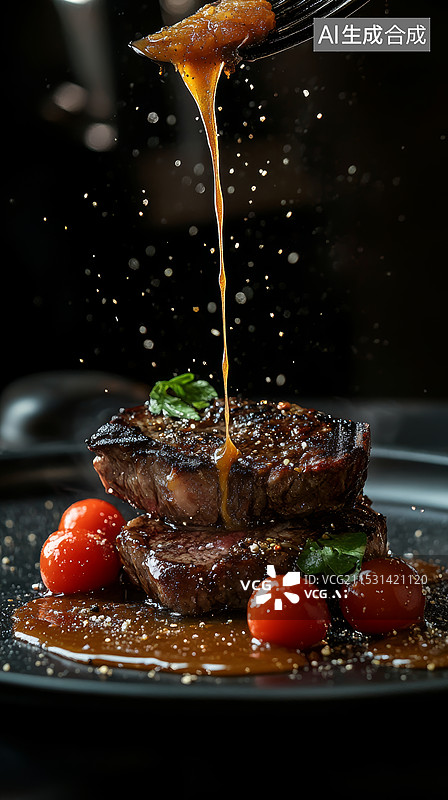 【AI数字艺术】充满活力的美食现场，法式铁板烧牛排，焦糖光泽，树液飞溅，牛排悬空，融化的黄油流淌而下，撒上碎黑胡椒，图片素材