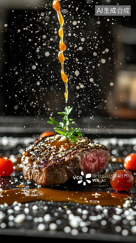 【AI数字艺术】充满活力的美食现场，法式铁板烧牛排，焦糖光泽，树液飞溅，牛排悬空，融化的黄油流淌而下，撒上碎黑胡椒，图片素材