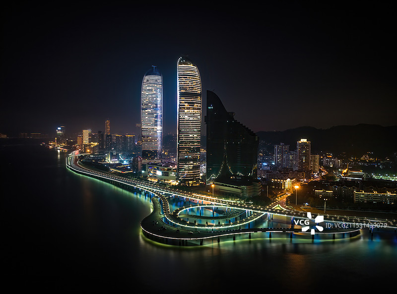 福建厦门海峡世贸双子塔大厦夜景日出航拍图片素材
