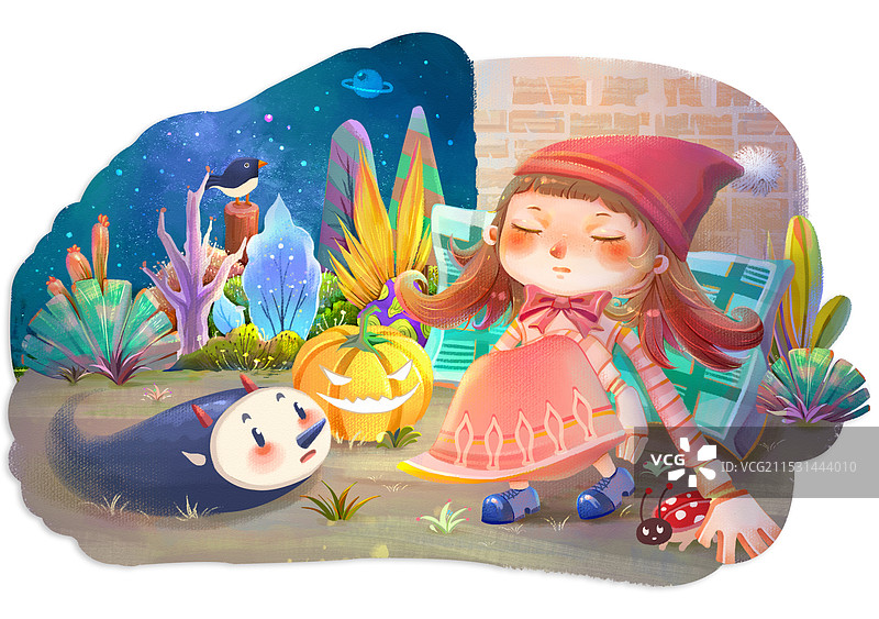 儿童插画，梦中的女孩和精灵，万圣节图片素材