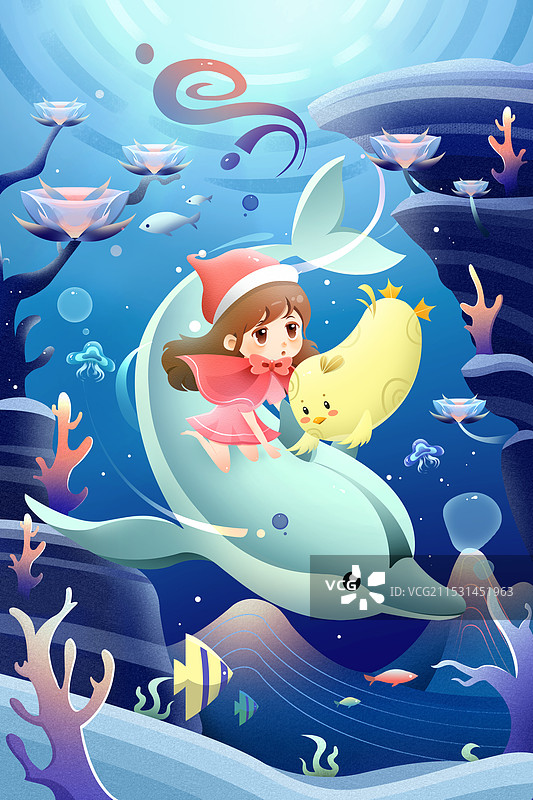 儿童插画，海豚带着小女孩和小鸡探险图片素材