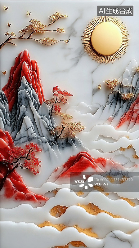 【AI数字艺术】特色红色与金色的大理石山脉有树木云彩和阳光3D现代艺术框架壁画背景装饰品艺术国风传统文化元素图片素材