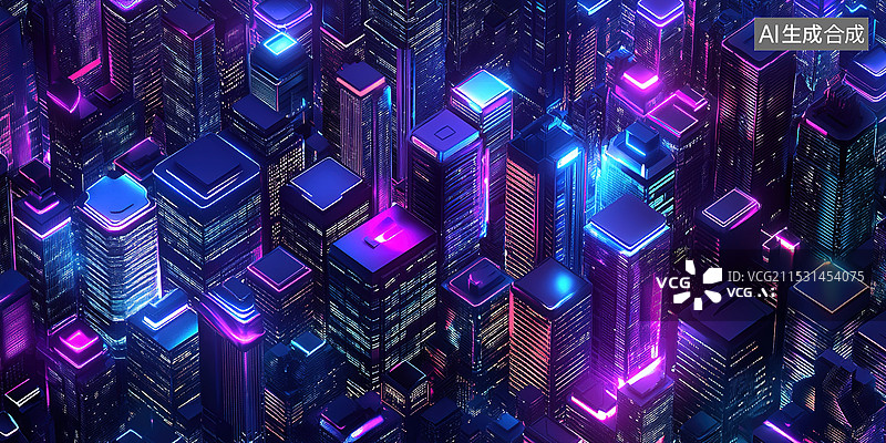 【AI数字艺术】紫蓝色霓虹灯光的抽象建筑空间赛博朋克三维产品展示场景未来感城市天际线蓝紫色科技背景图片素材