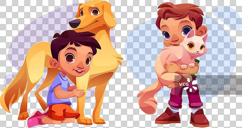 男孩与宠物狗和猫图片素材