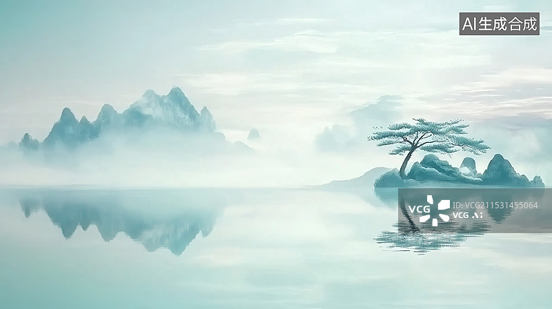 【AI数字艺术】淡绿色水彩中国风山水画水墨技法清晨薄雾中的美丽自然风景传统文化壁纸装饰画背景图片素材